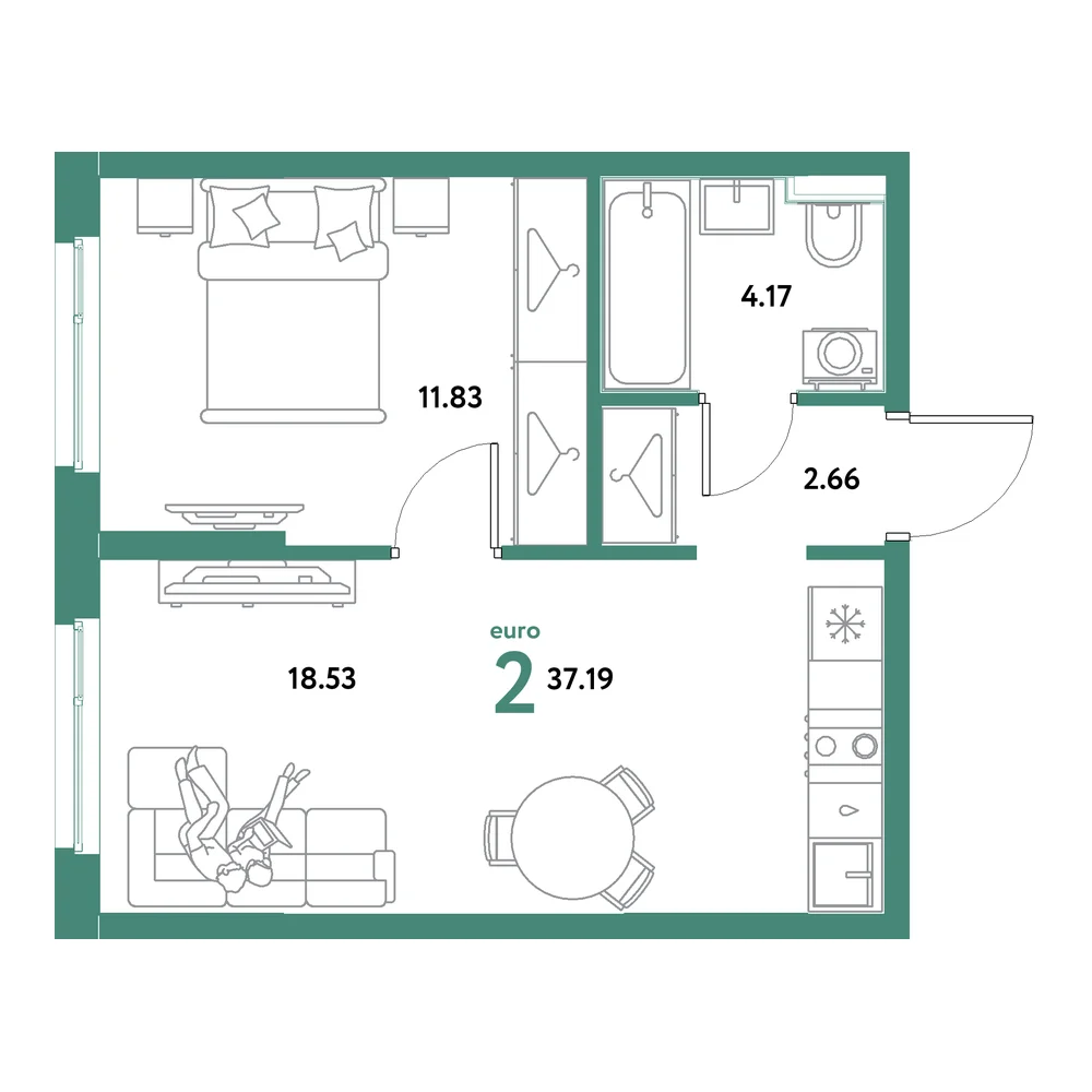 Планировка: Остров-сад 2-комнатная 37,19м²
