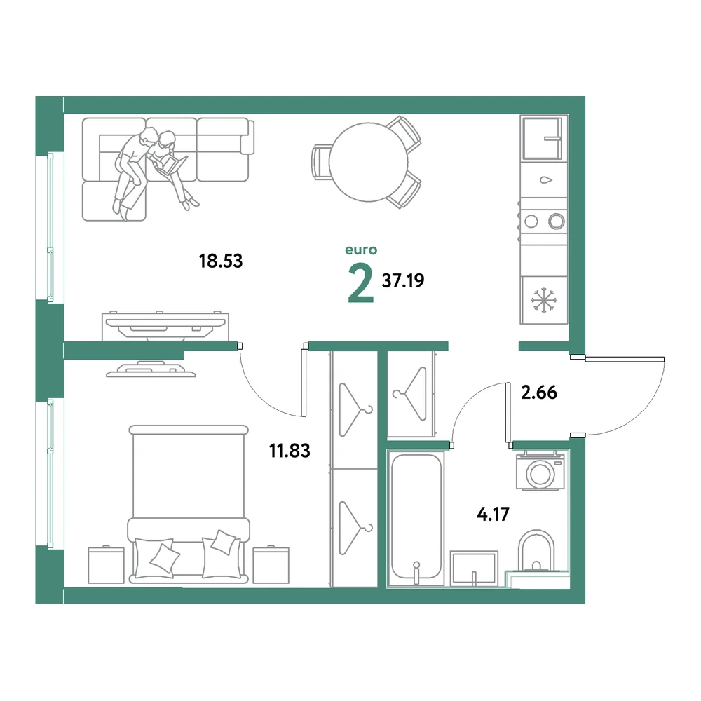 Планировка: Остров-сад 2-комнатная 37,19м²