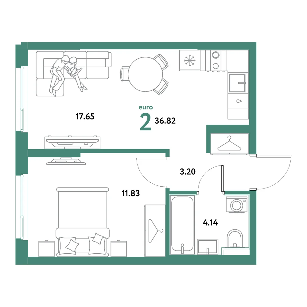 Планировка: Остров-сад 2-комнатная 36,82м²