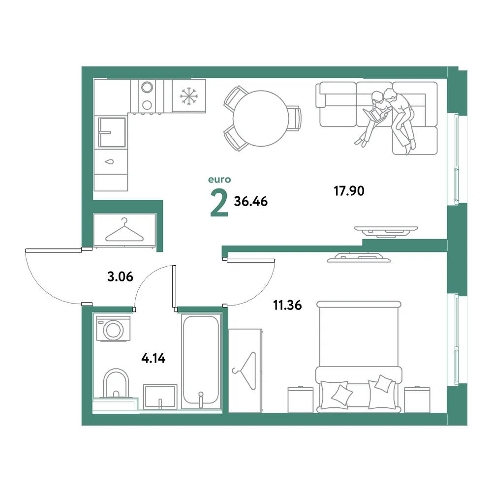 Планировка: Остров-сад 2-комнатная 36,46м²