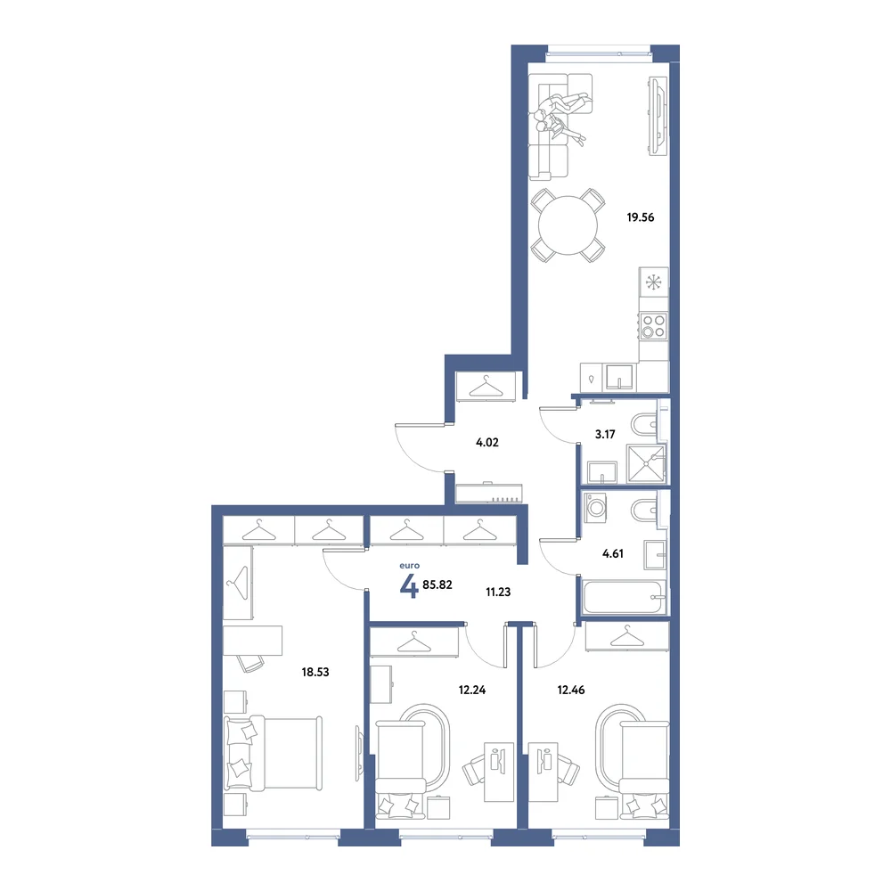 Планировка: Остров-сад 4-комнатная 85,82м²