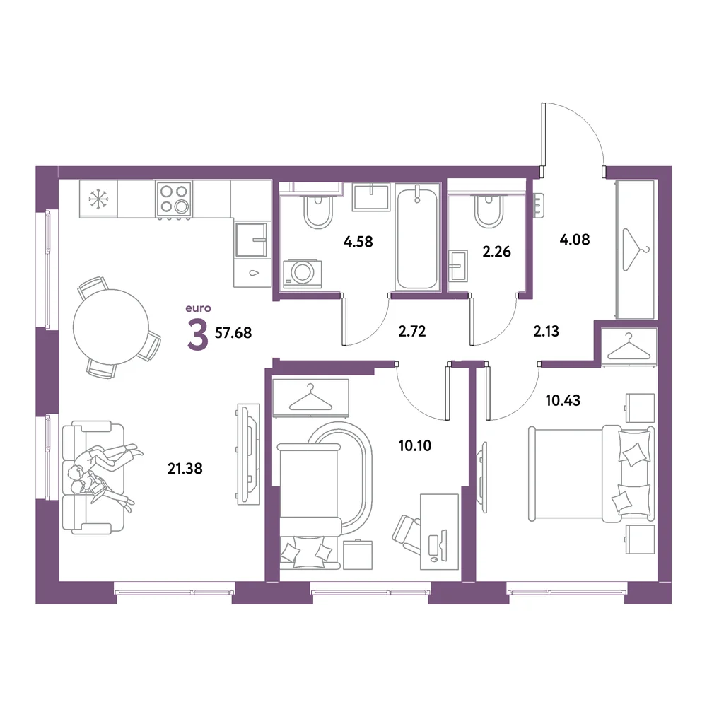 Планировка: Остров-сад 3-комнатная 57,68м²