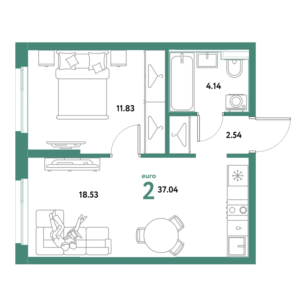 Планировка: Остров-сад 2-комнатная 37,04м²