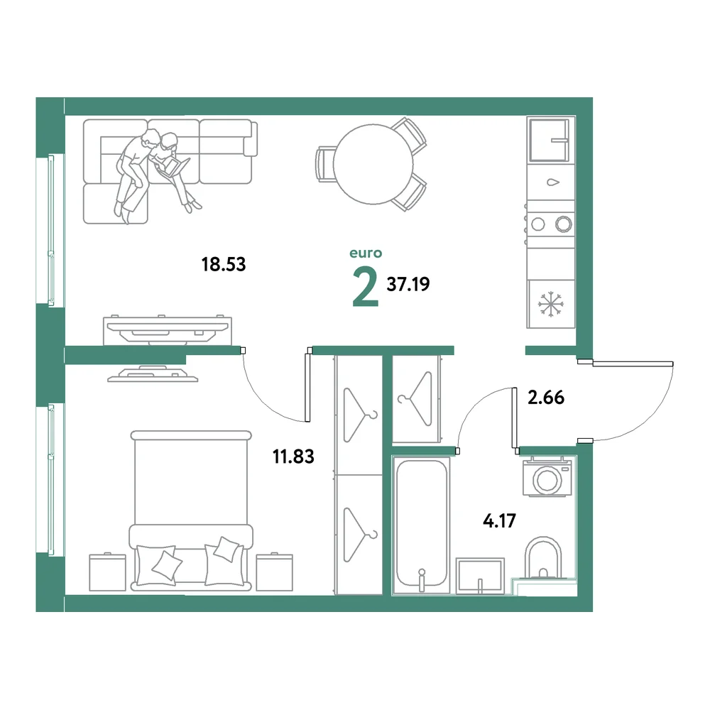 Планировка: Остров-сад 2-комнатная 37,19м²