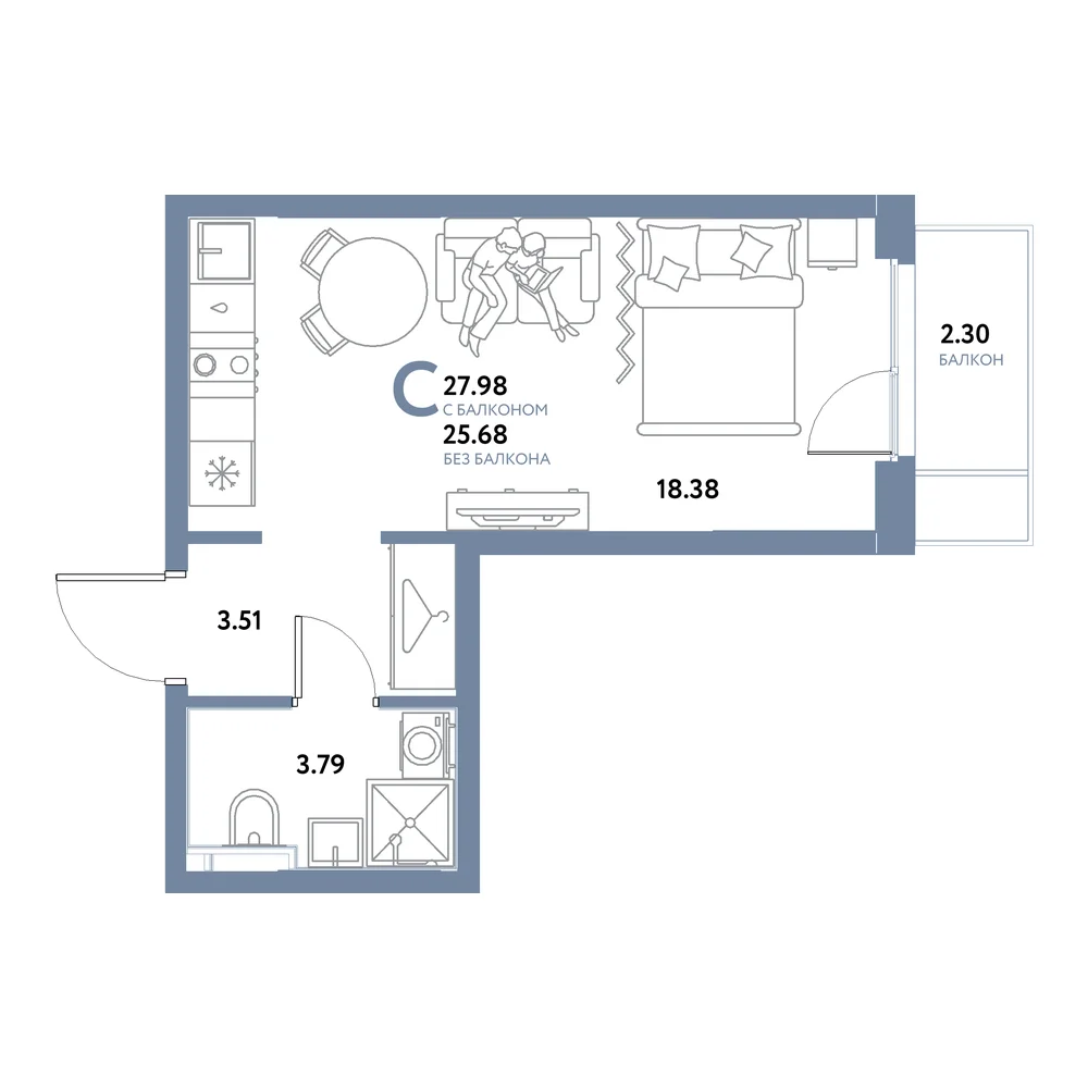 Планировка: Остров-сад Студия 27,98м²