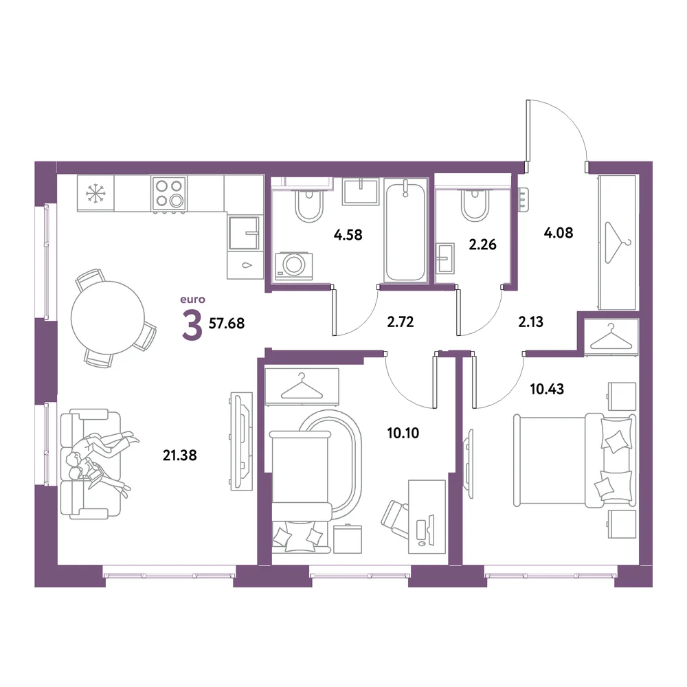 Планировка: Остров-сад 3-комнатная 57,68м²