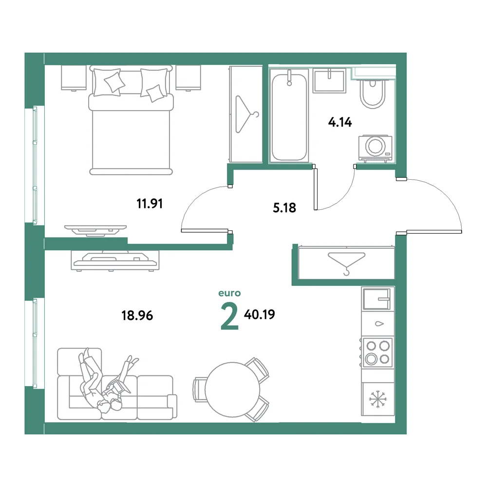 Планировка: Остров-сад 2-комнатная 40,19м²