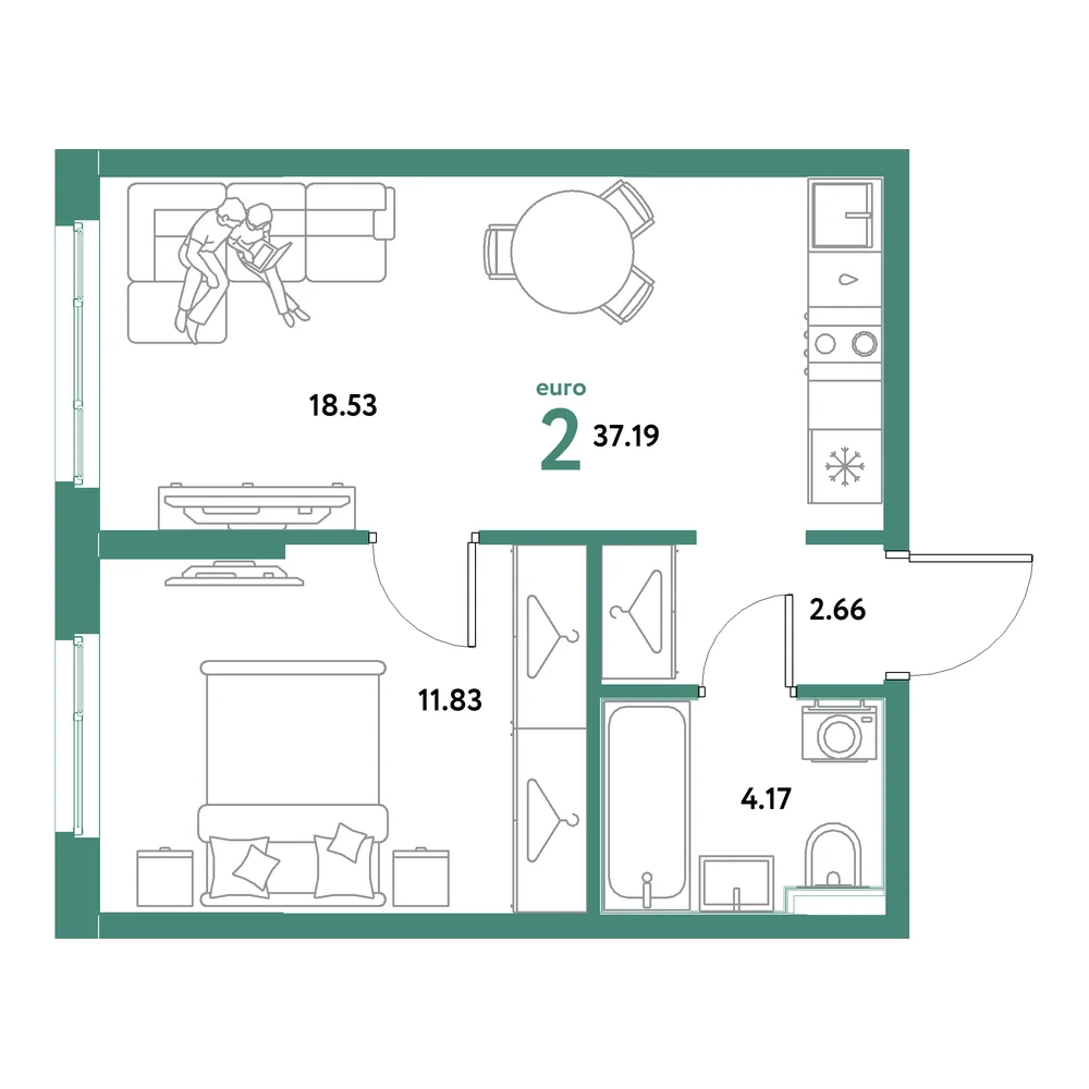 Планировка: Остров-сад 2-комнатная 37,19м²