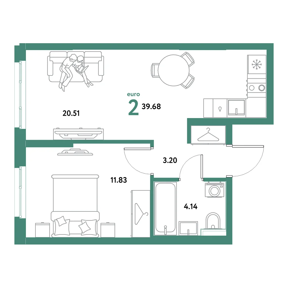 Планировка: Остров-сад 2-комнатная 39,68м²