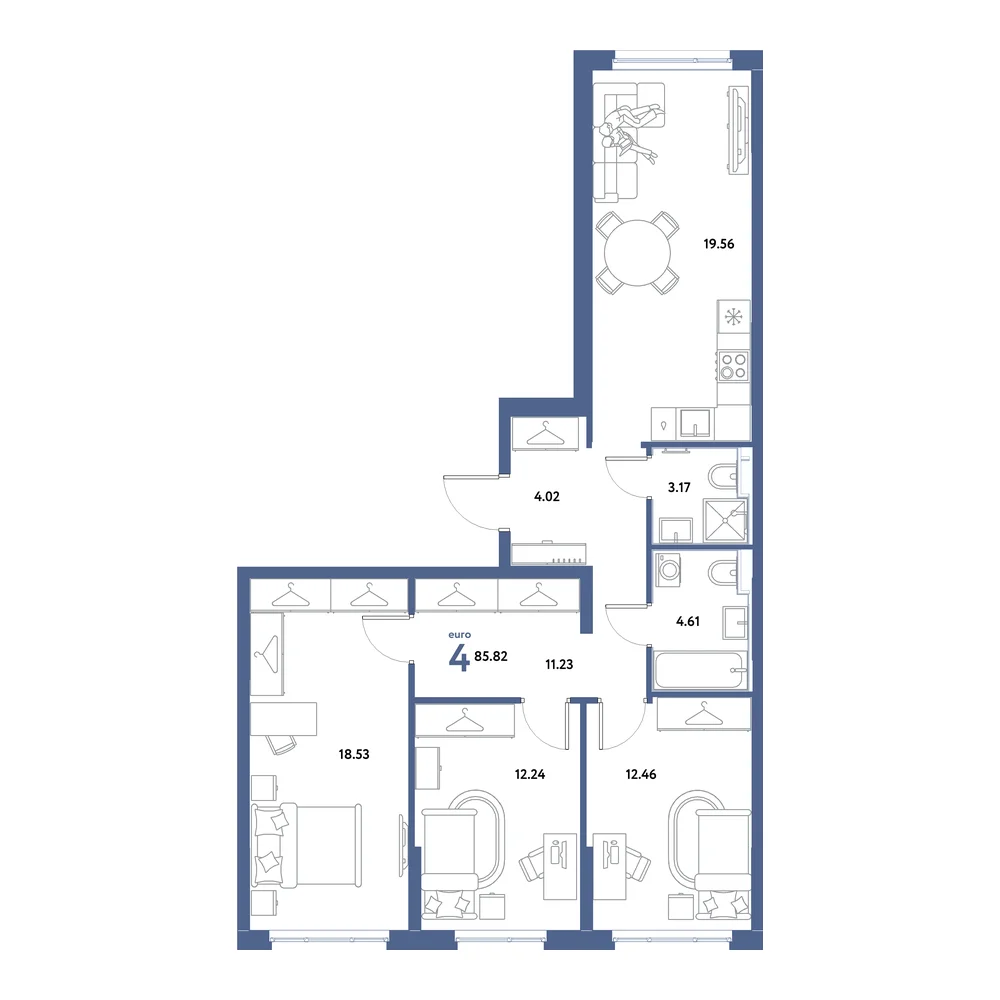 Планировка: Остров-сад 4-комнатная 85,82м²