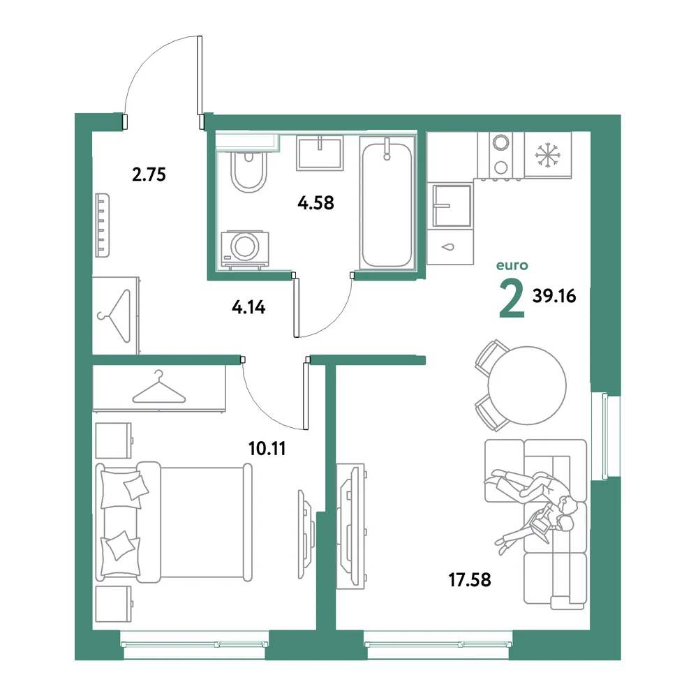 Планировка: Остров-сад 2-комнатная 39,16м²