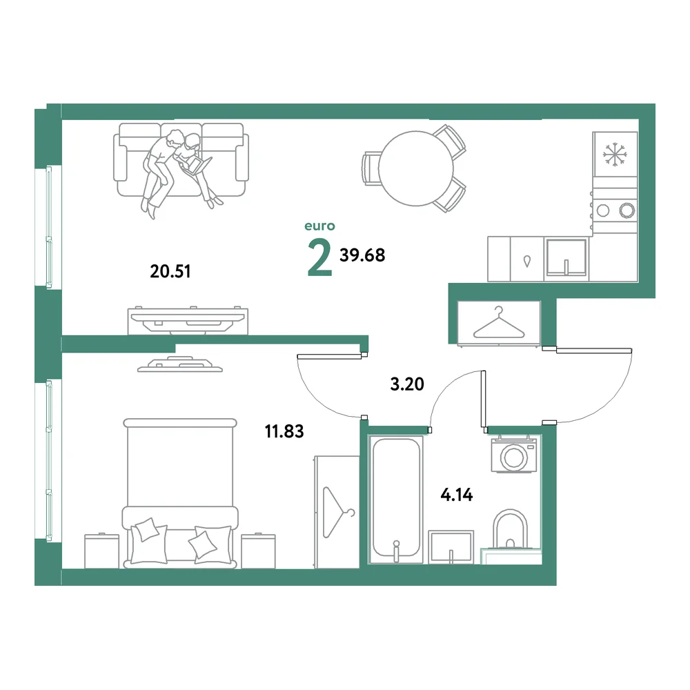 Планировка: Остров-сад 2-комнатная 39,68м²
