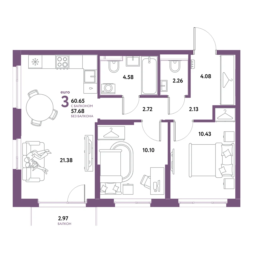Планировка: Остров-сад 3-комнатная 60,65м²