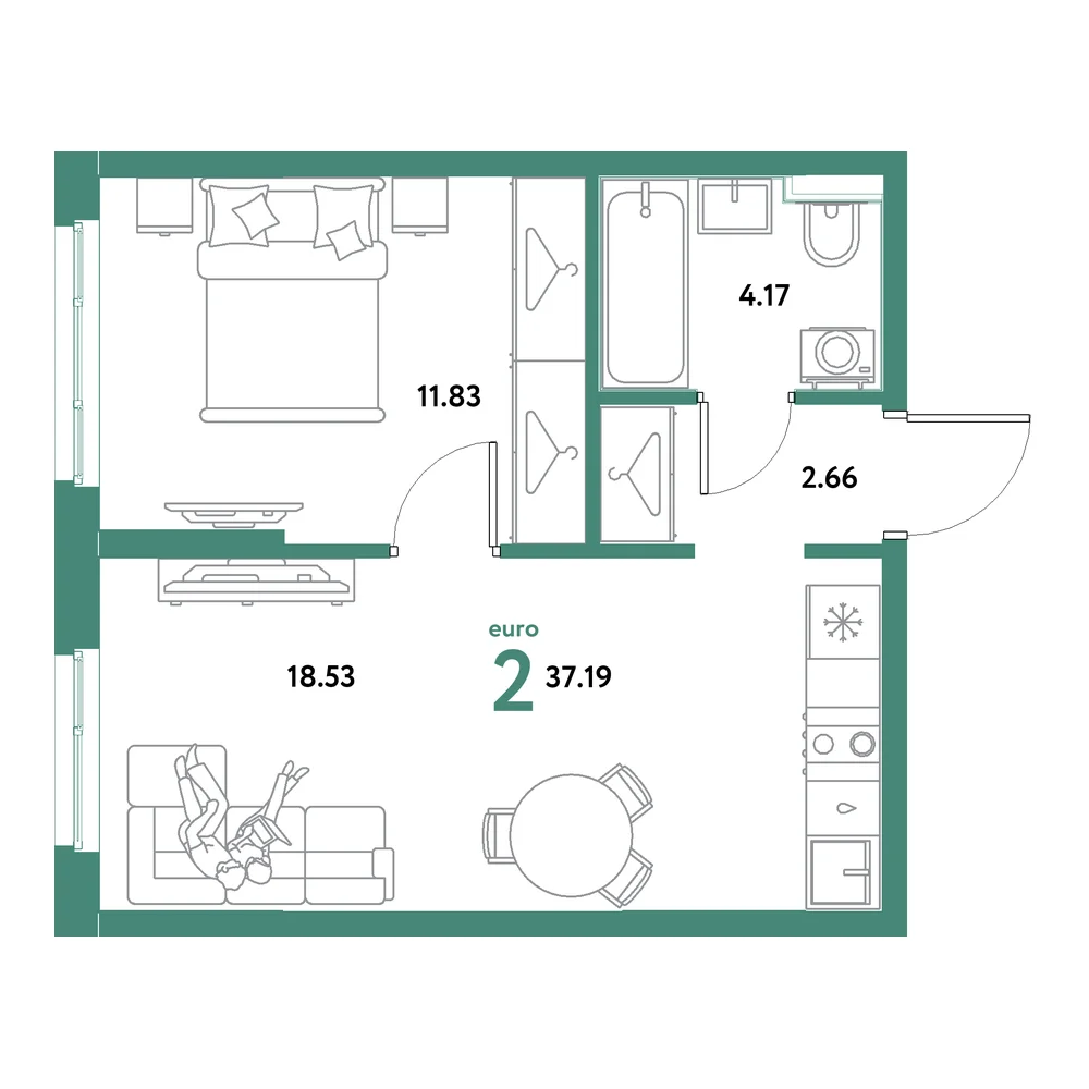 Планировка: Остров-сад 2-комнатная 37,19м²