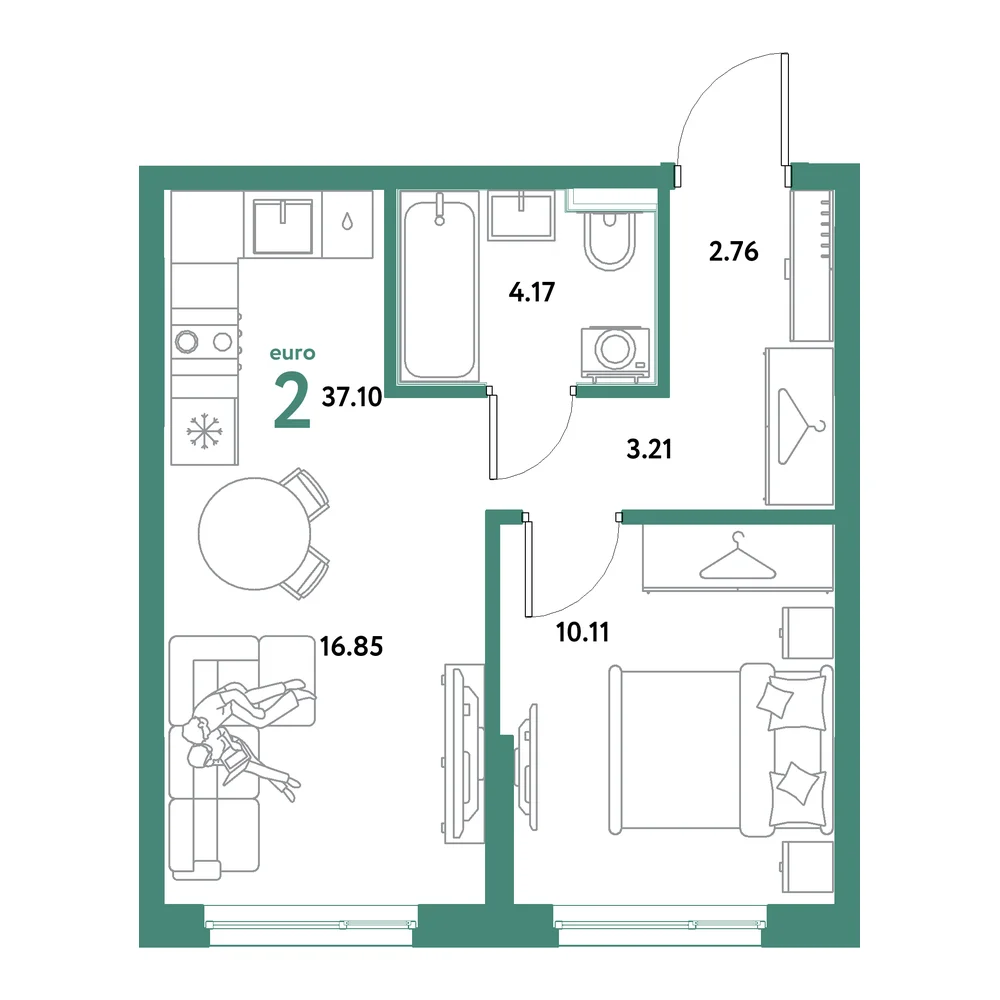 Планировка: Остров-сад 2-комнатная 37,10м²