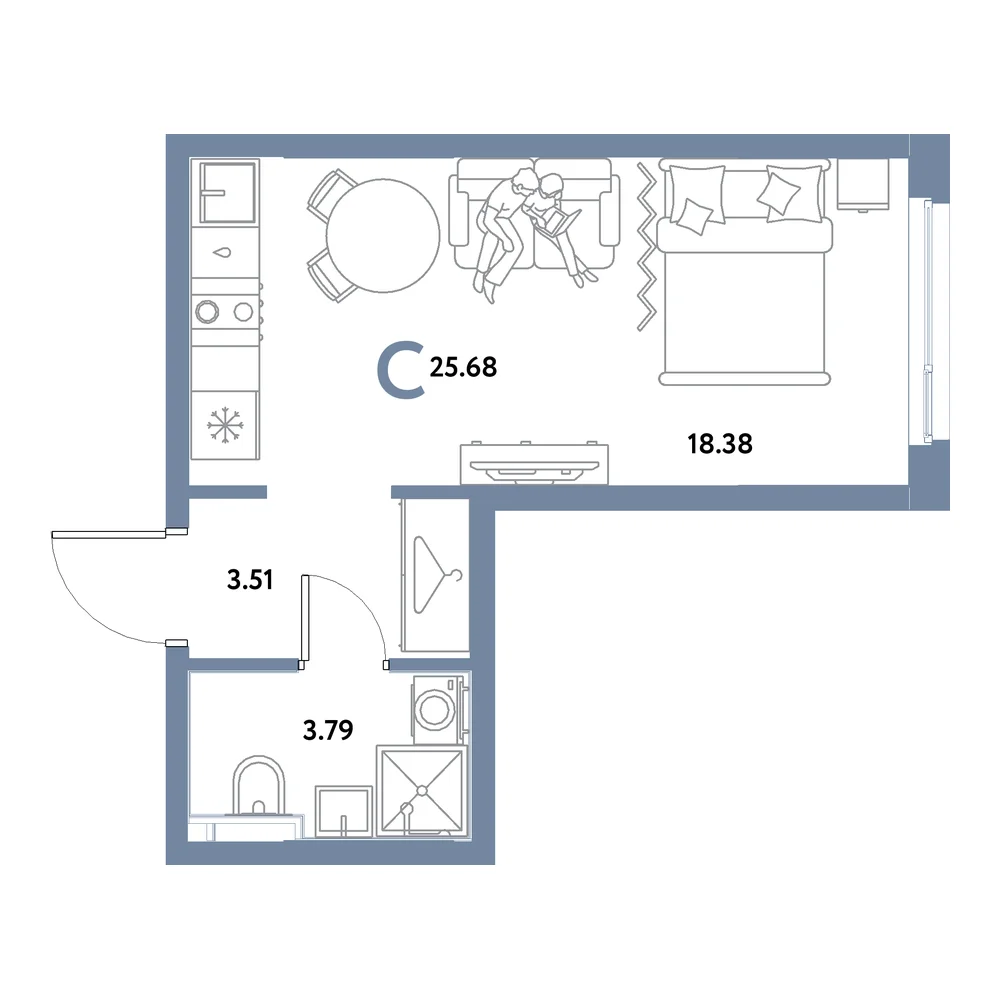 Планировка: Остров-сад Студия 25,68м²