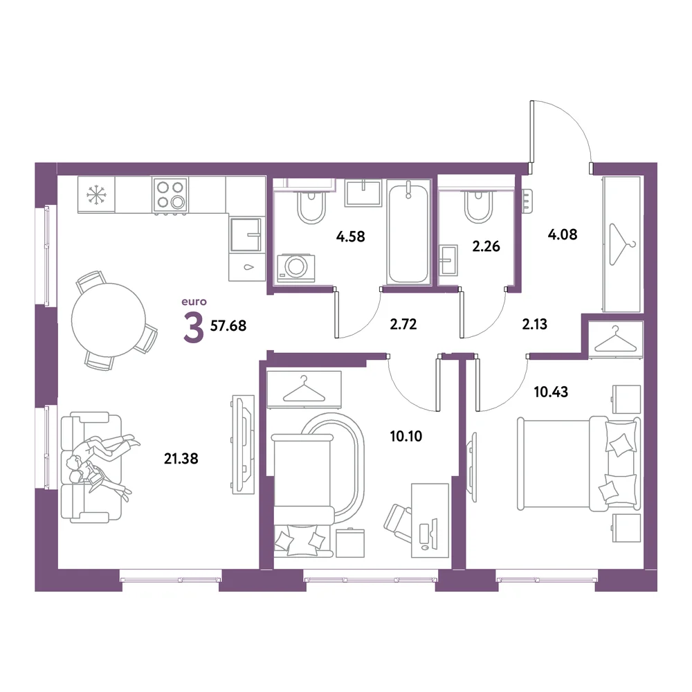 Планировка: Остров-сад 3-комнатная 57,68м²