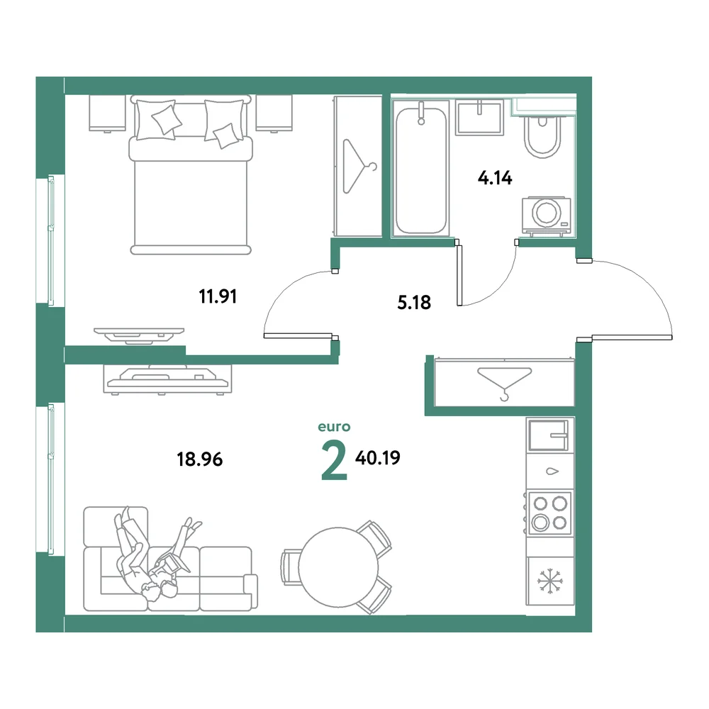 Планировка: Остров-сад 2-комнатная 40,19м²