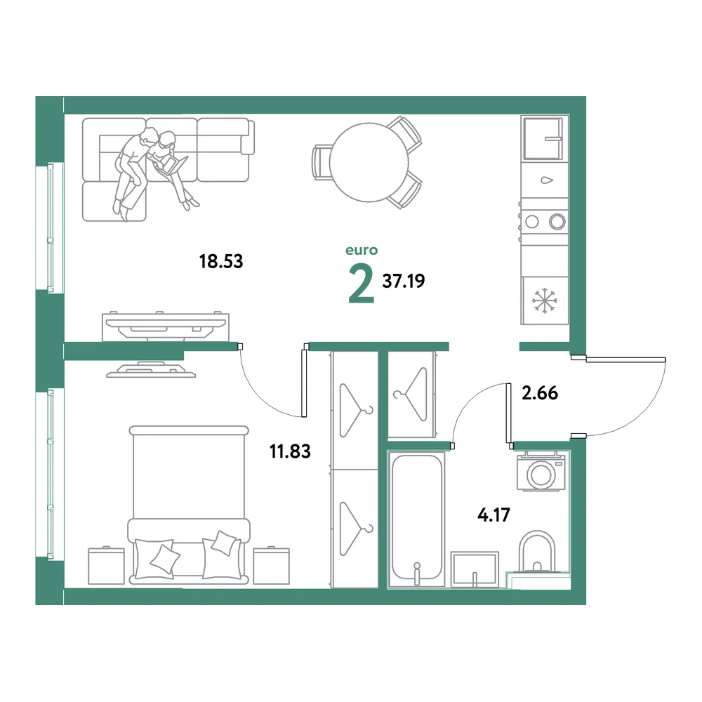 Планировка: Остров-сад 2-комнатная 37,19м²