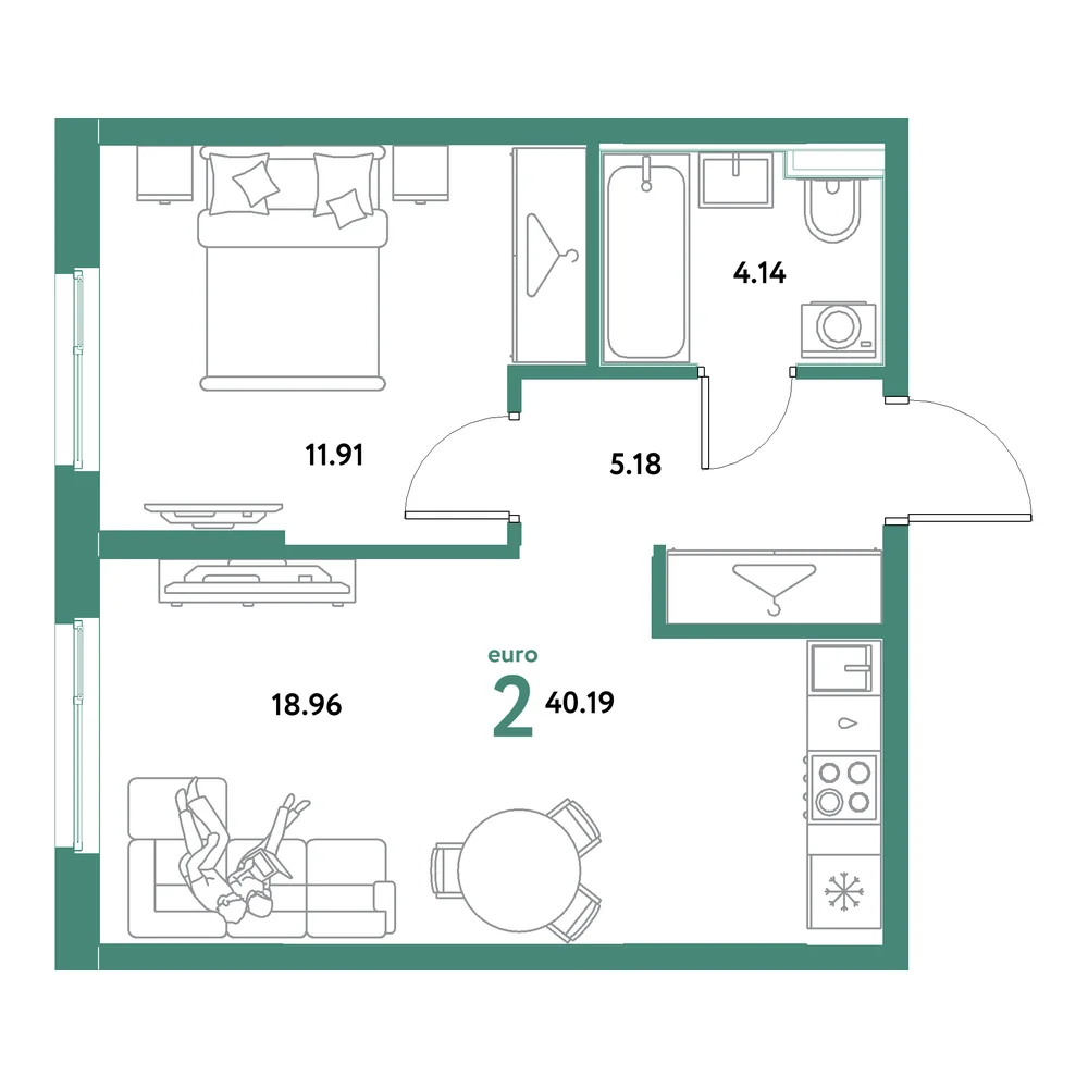Планировка: Остров-сад 2-комнатная 40,19м²