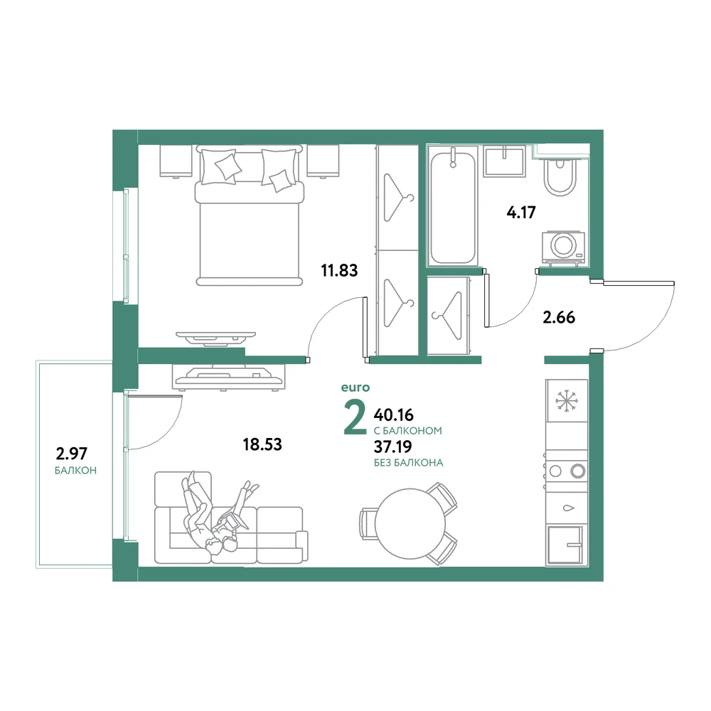 Планировка: Остров-сад 2-комнатная 40,16м²