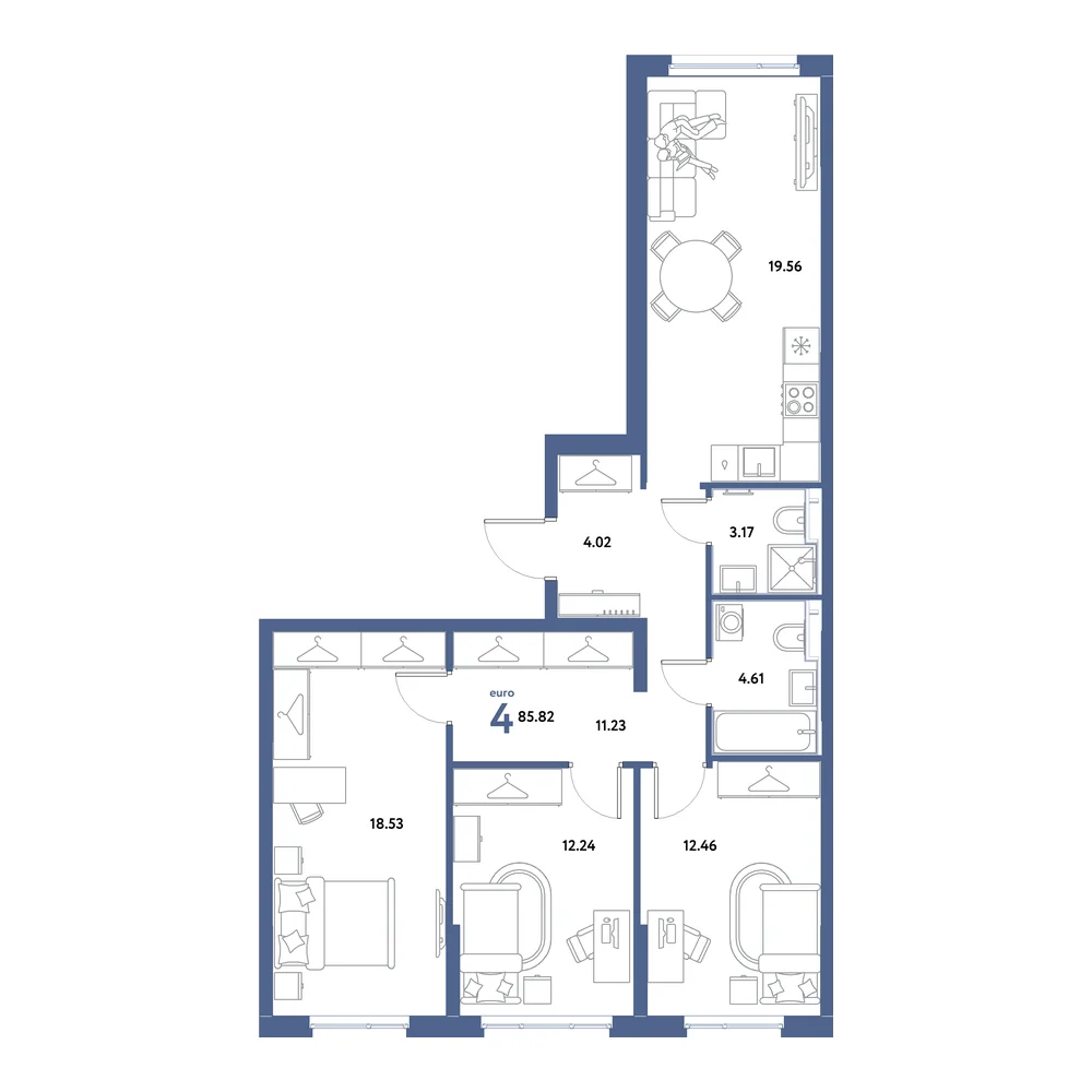 Планировка: Остров-сад 4-комнатная 85,82м²