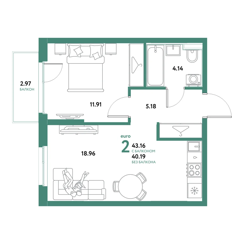 Планировка: Остров-сад 2-комнатная 43,16м²