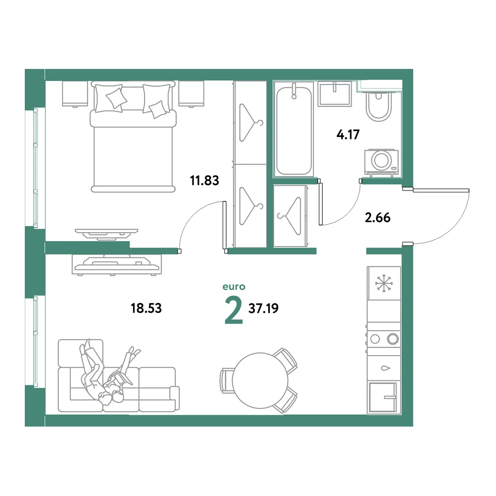 Планировка: Остров-сад 2-комнатная 37,19м²