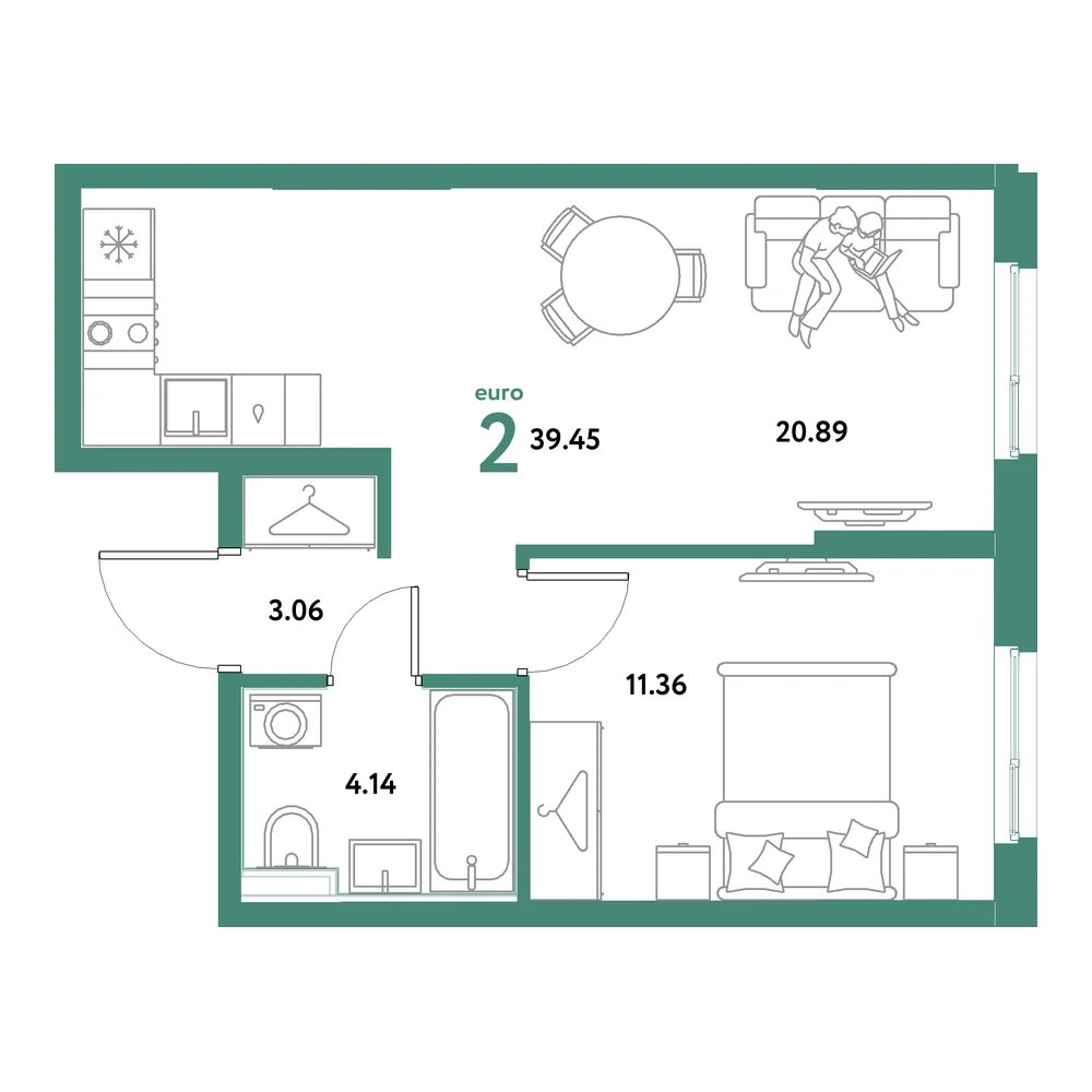 Планировка: Остров-сад 2-комнатная 39,45м²