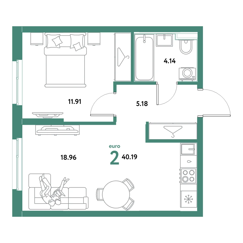 Планировка: Остров-сад 2-комнатная 40,19м²