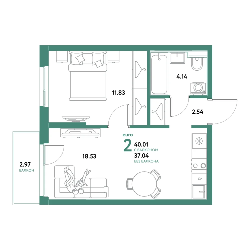 Планировка: Остров-сад 2-комнатная 40,01м²