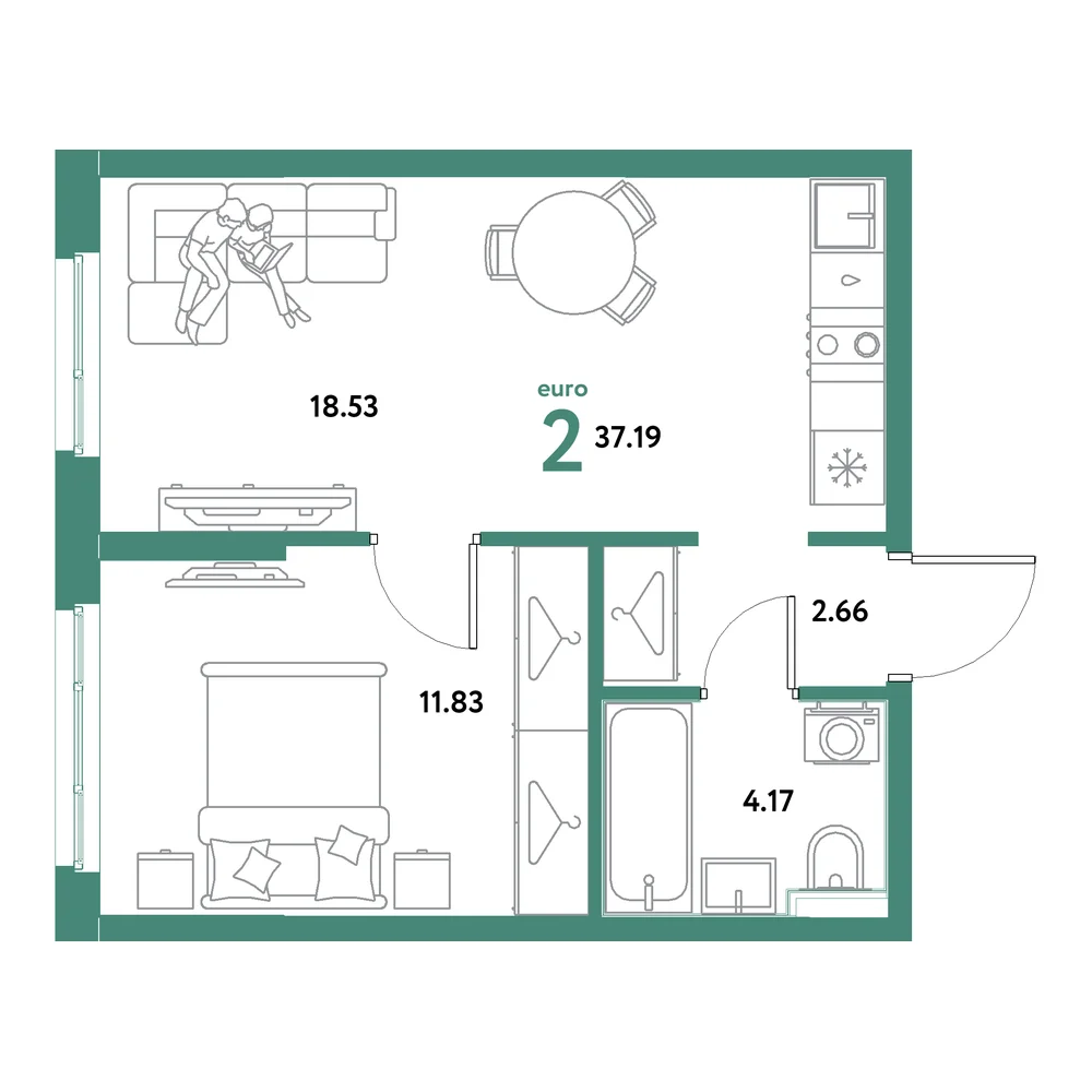 Планировка: Остров-сад 2-комнатная 37,19м²