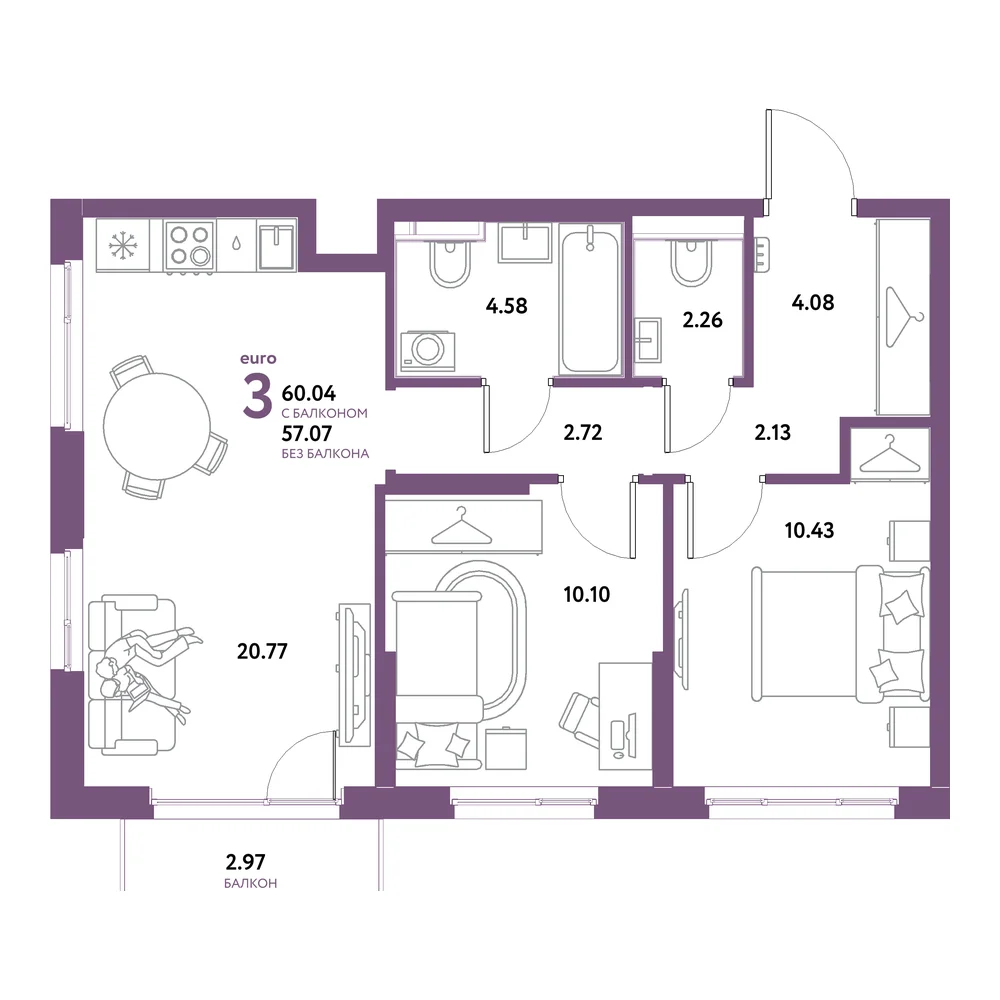 Планировка: Остров-сад 2-комнатная 60,04м²