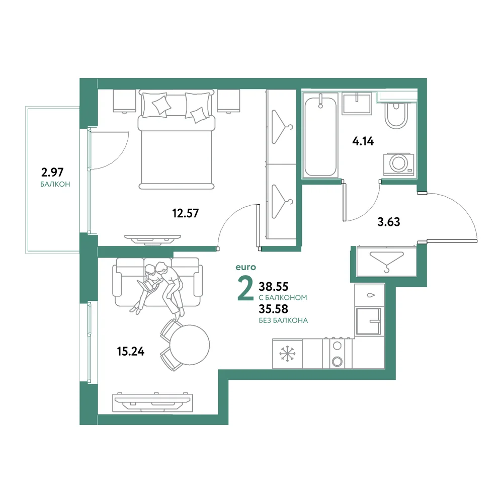 Планировка: Остров-сад 2-комнатная 38,55м²