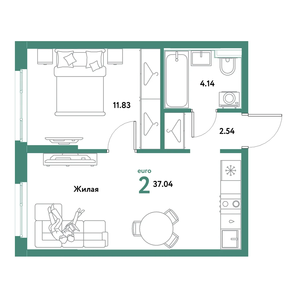 Планировка: Остров-сад 2-комнатная 37,04м²