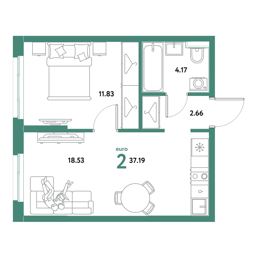 Планировка: Остров-сад 2-комнатная 37,19м²