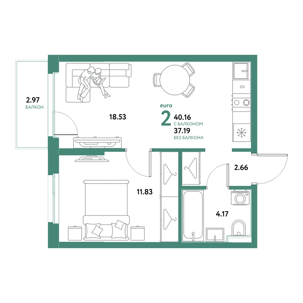 Планировка: Остров-сад 2-комнатная 40,16м²