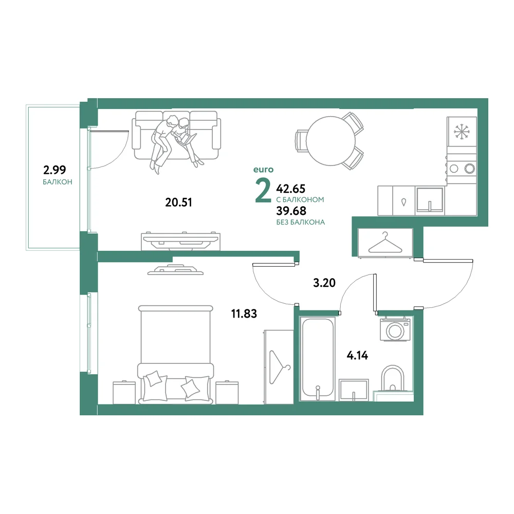 Планировка: Остров-сад 2-комнатная 42,65м²