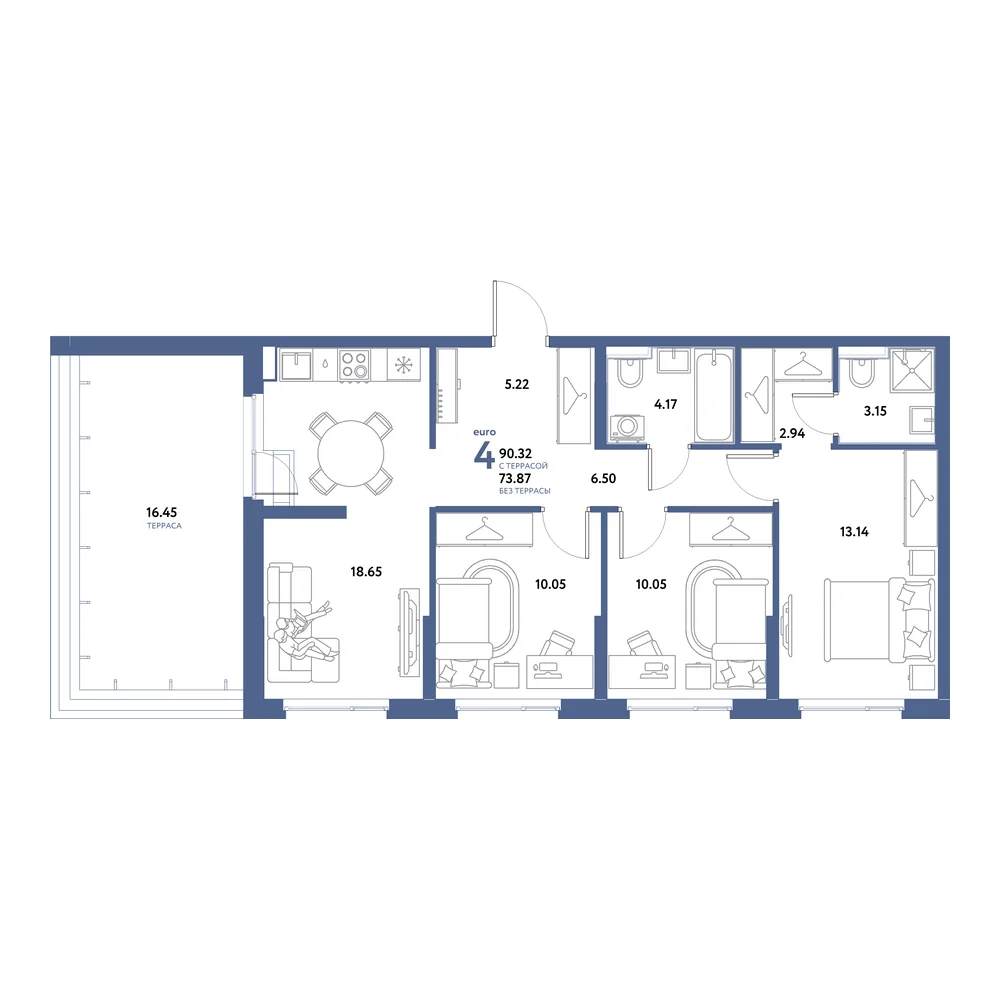 Планировка: Остров-сад 4-комнатная 90,32м²