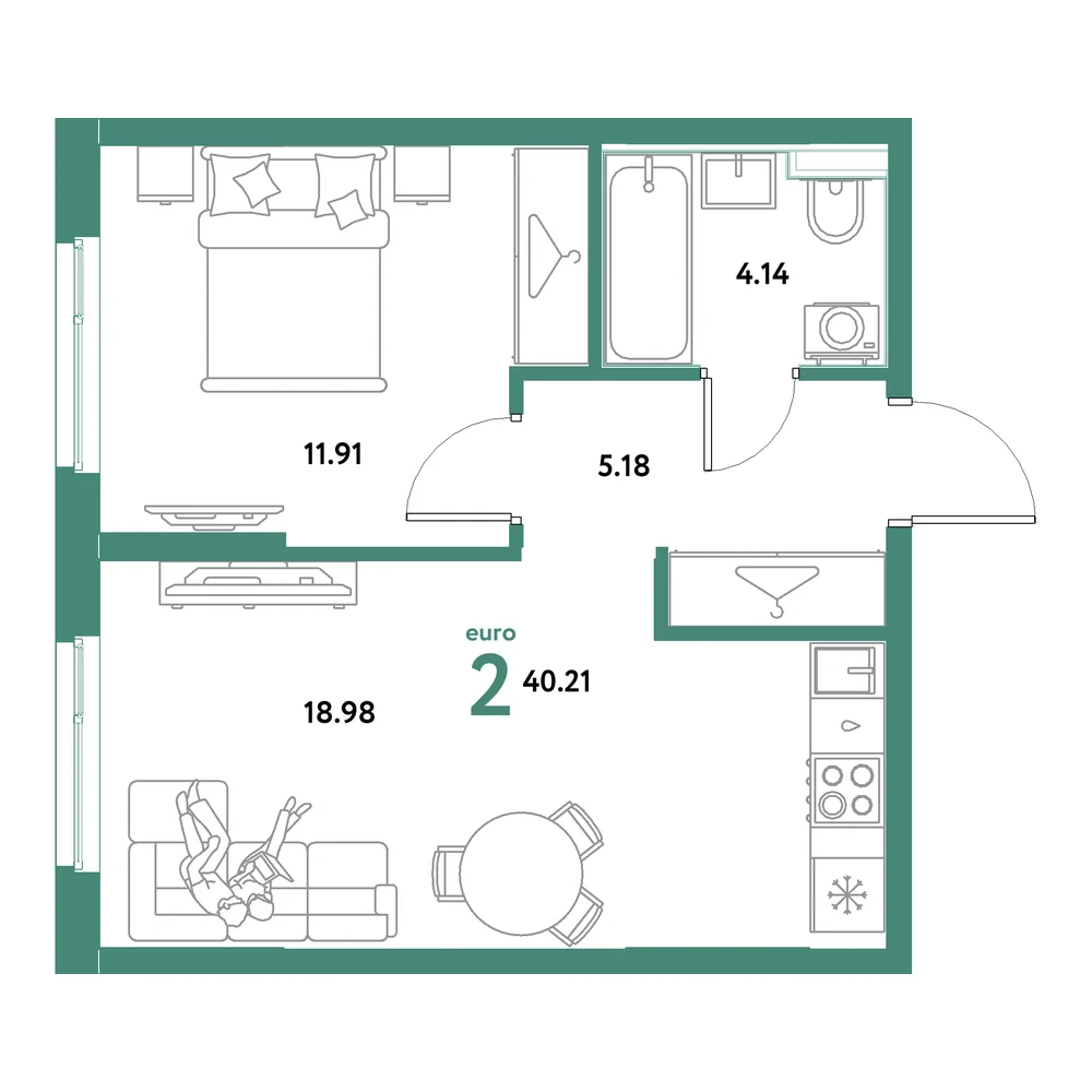 Планировка: Остров-сад 2-комнатная 40,21м²