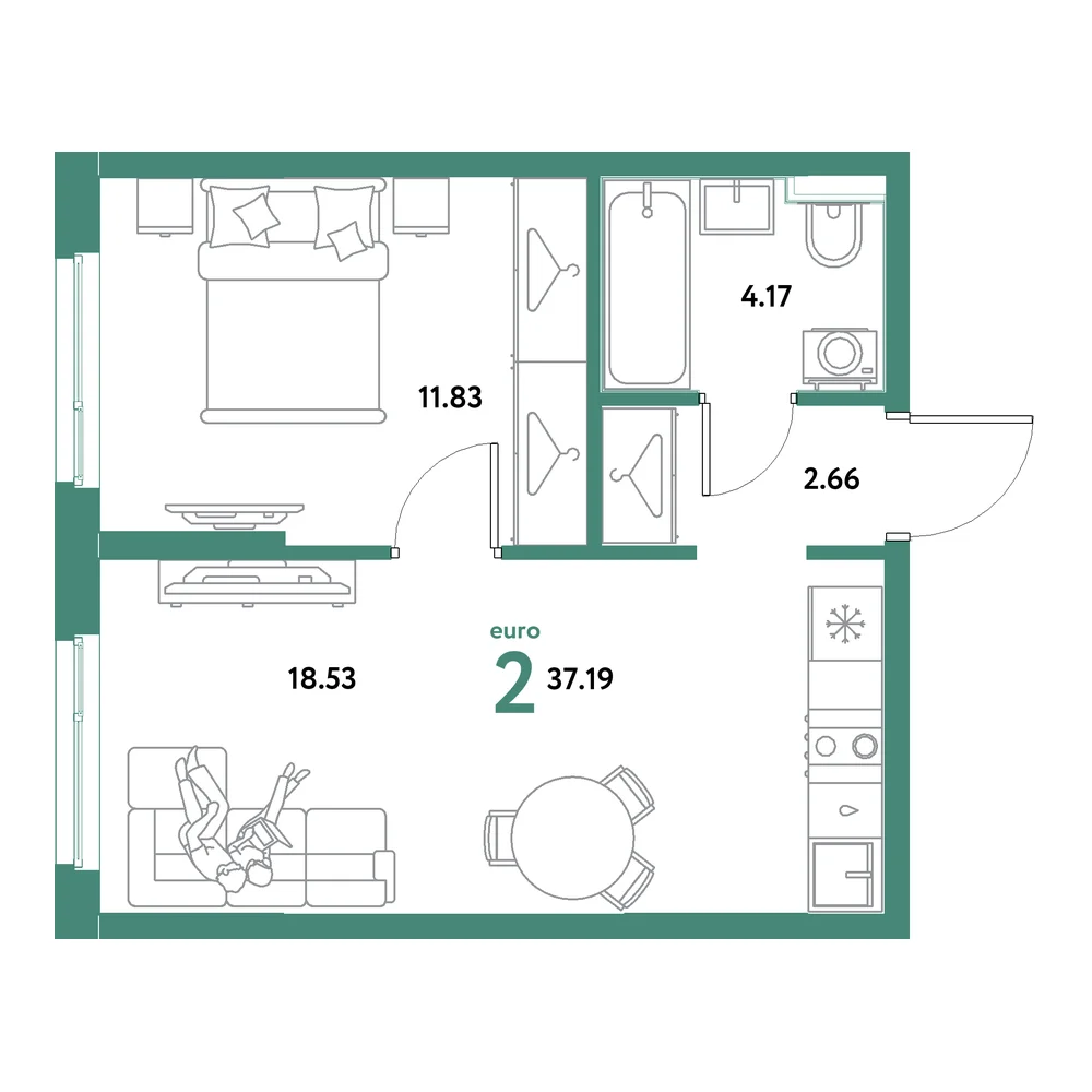 Планировка: Остров-сад 2-комнатная 37,19м²