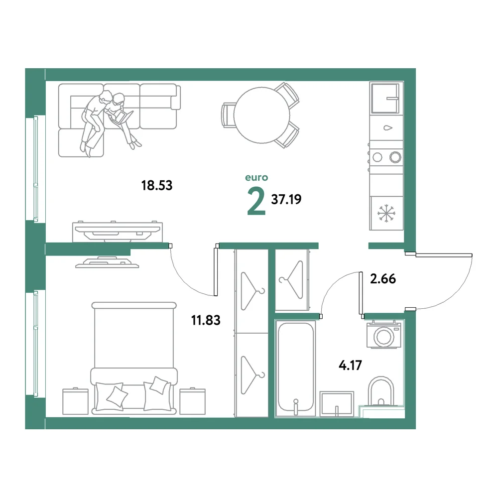 Планировка: Остров-сад 2-комнатная 37,19м²