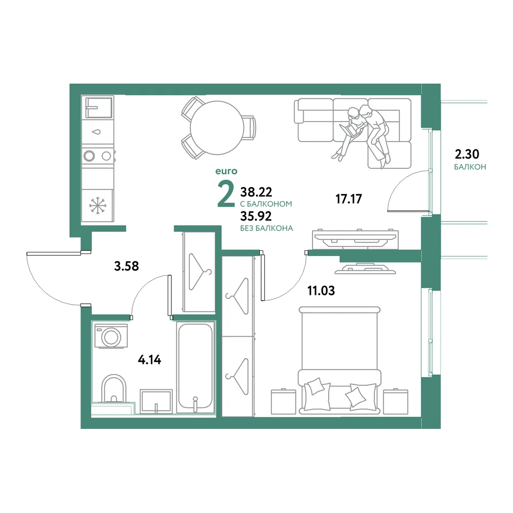 Планировка: Остров-сад 2-комнатная 38,22м²