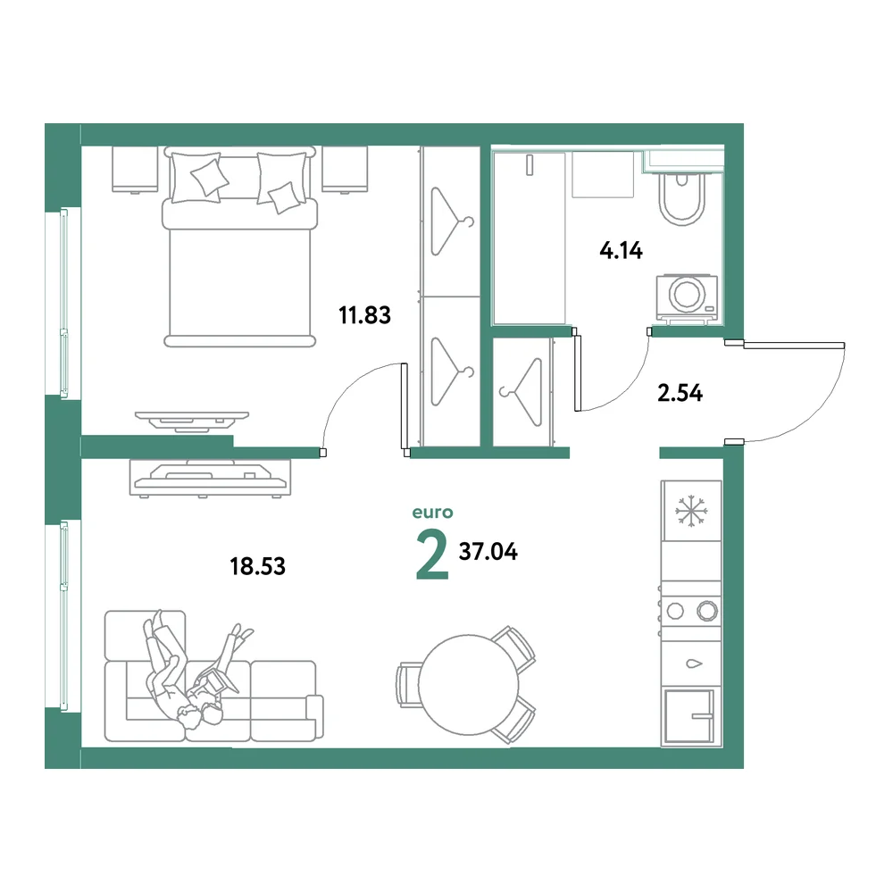 Планировка: Остров-сад 2-комнатная 37,04м²
