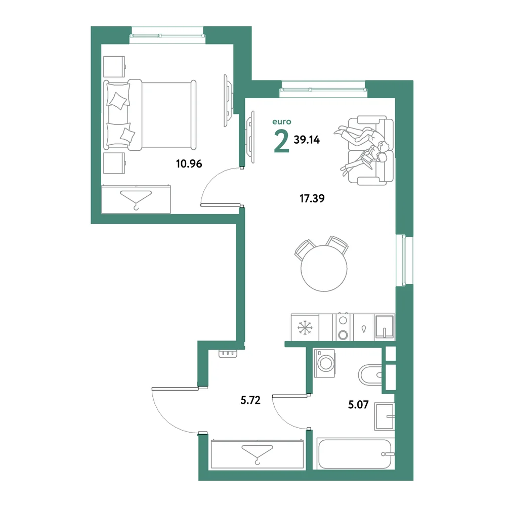 Планировка: Остров-сад 2-комнатная 39,14м²