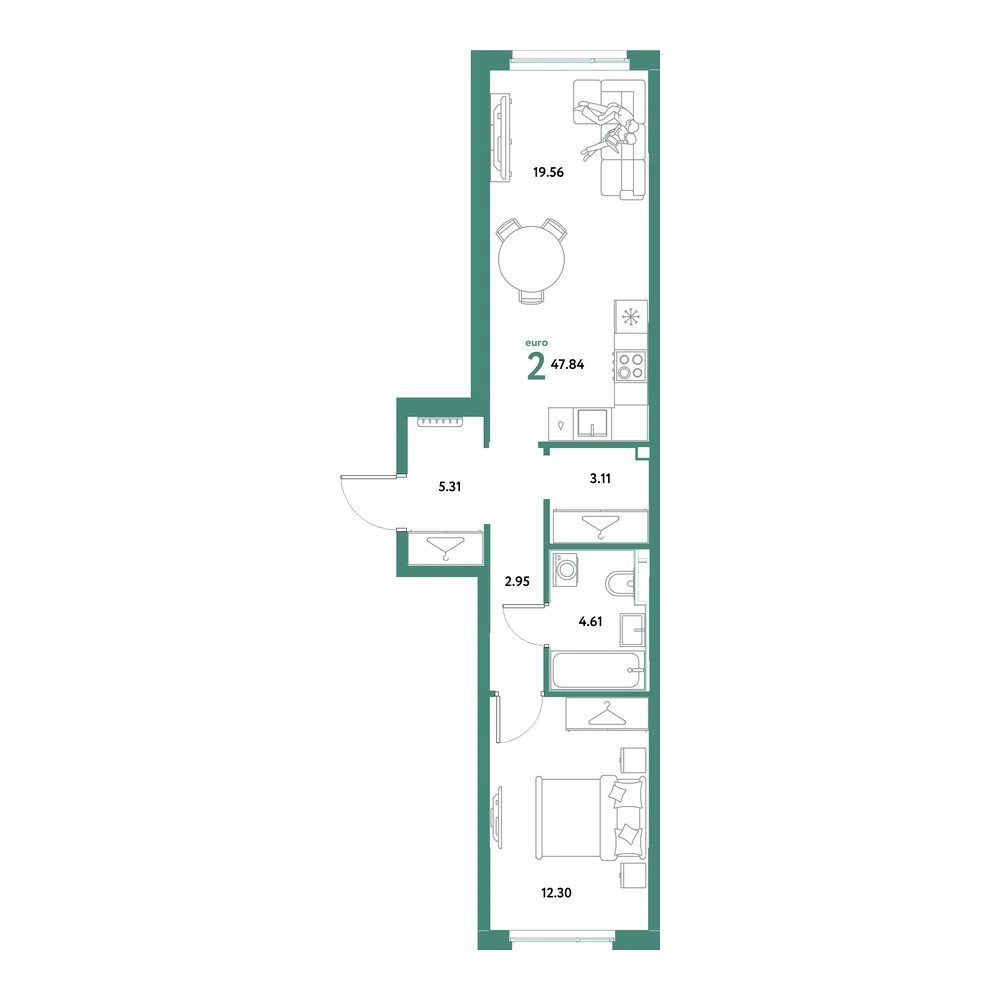 Планировка: Остров-сад 2-комнатная 47,84м²