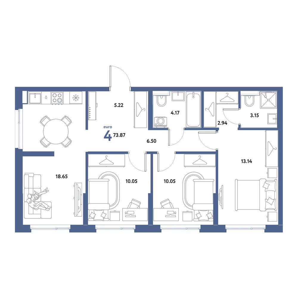 Планировка: Остров-сад 4-комнатная 73,87м²