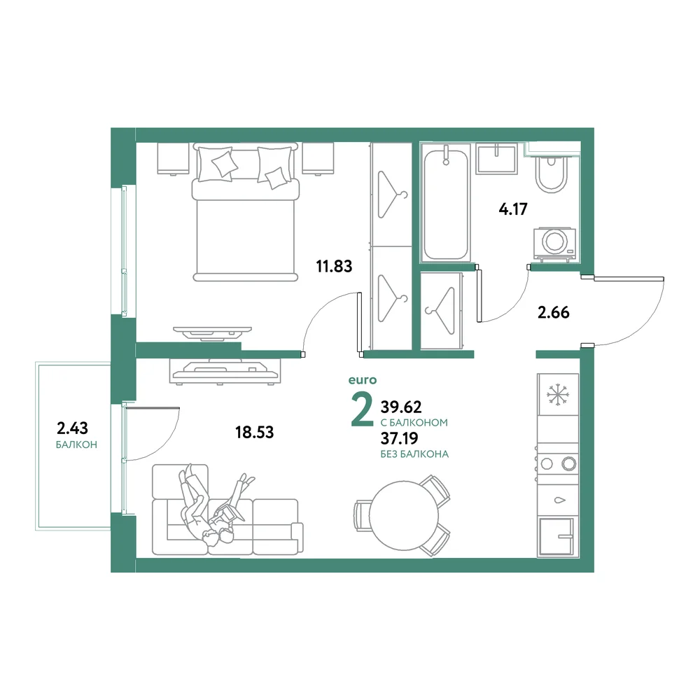 Планировка: Остров-сад 2-комнатная 39,62м²