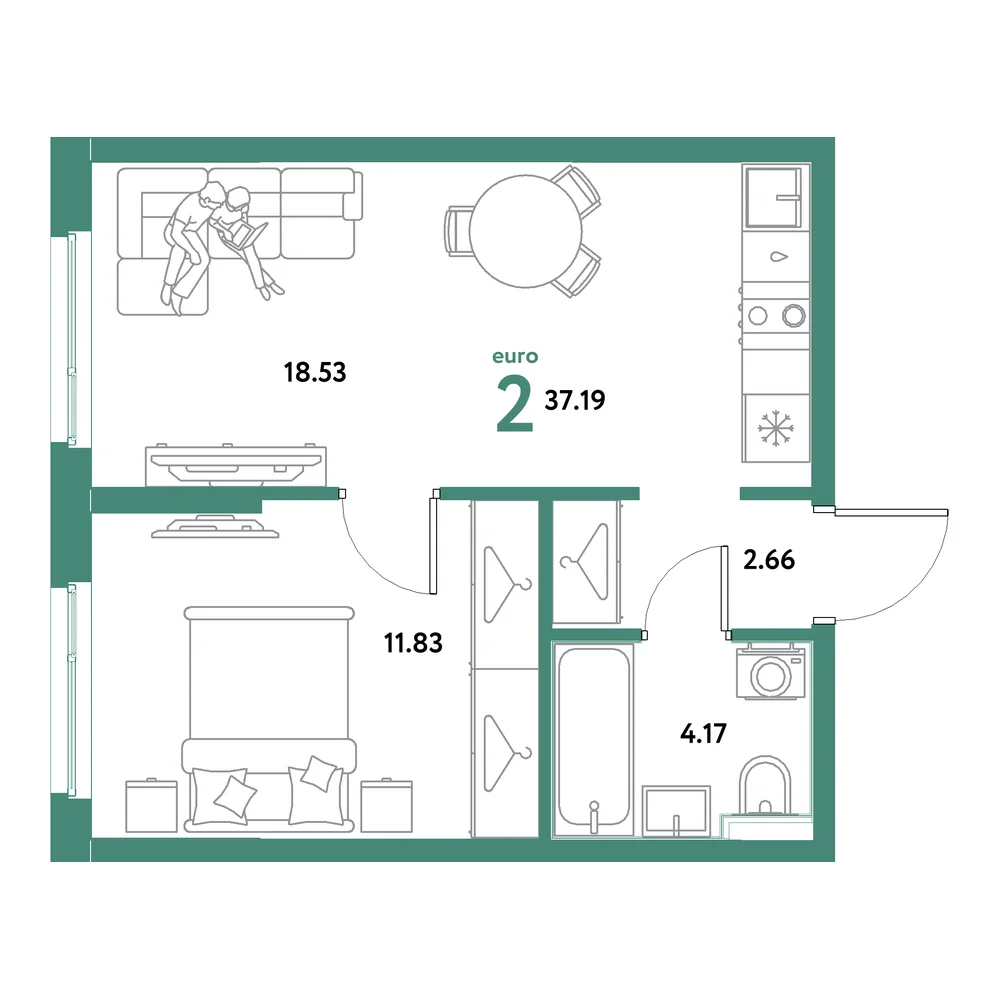 Планировка: Остров-сад 2-комнатная 37,19м²
