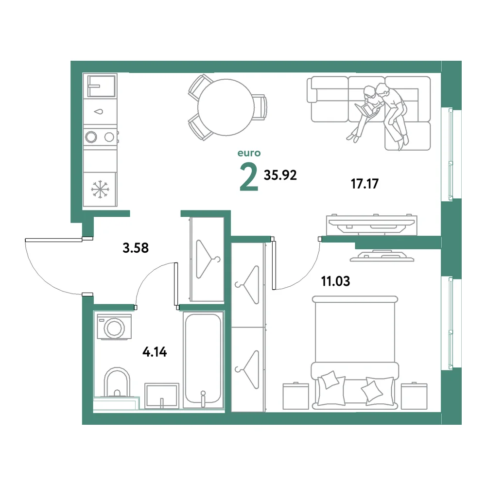 Планировка: Остров-сад 2-комнатная 35,92м²